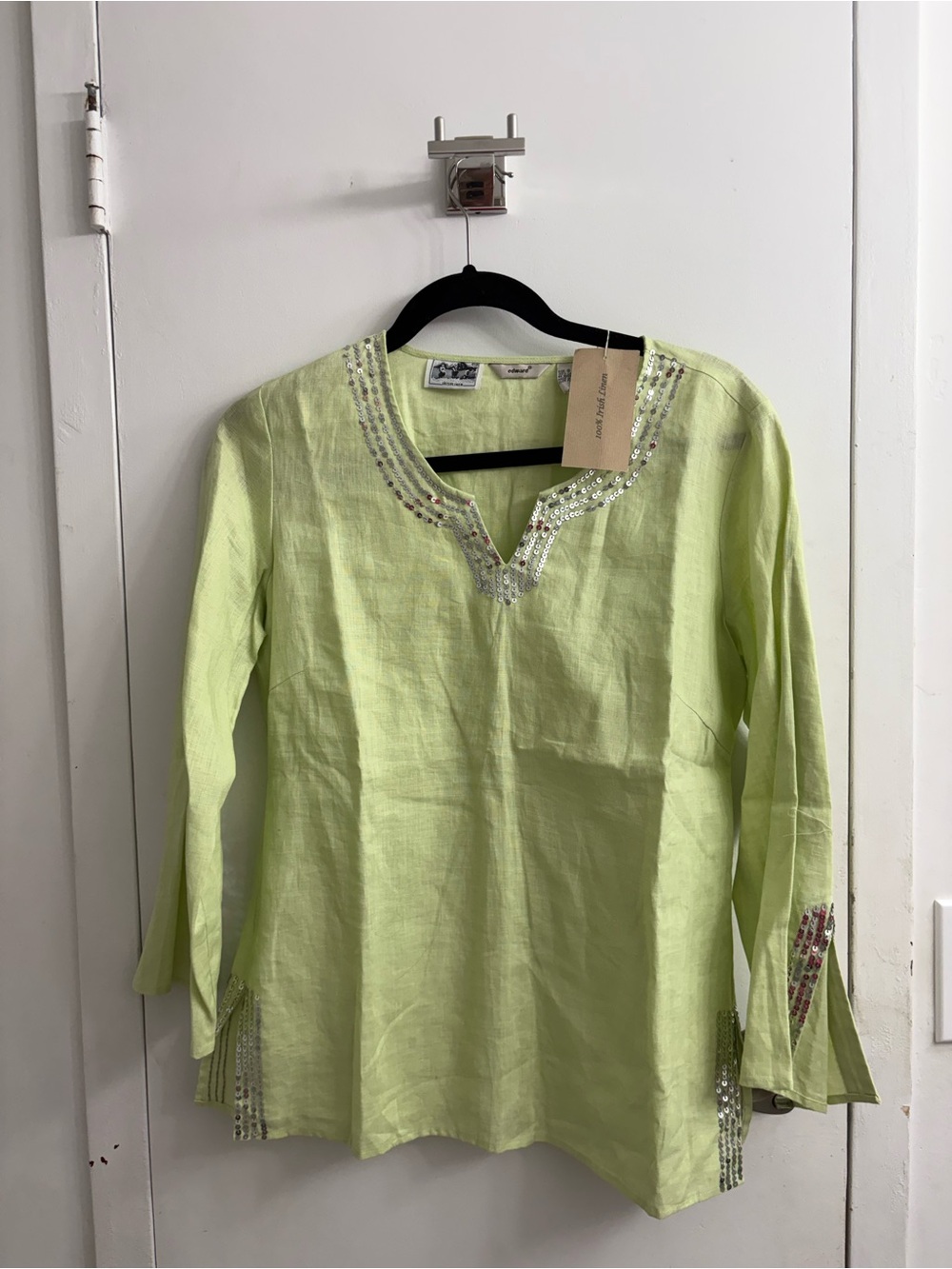100% linen Embellished Light Green V-Neck Tunic Top